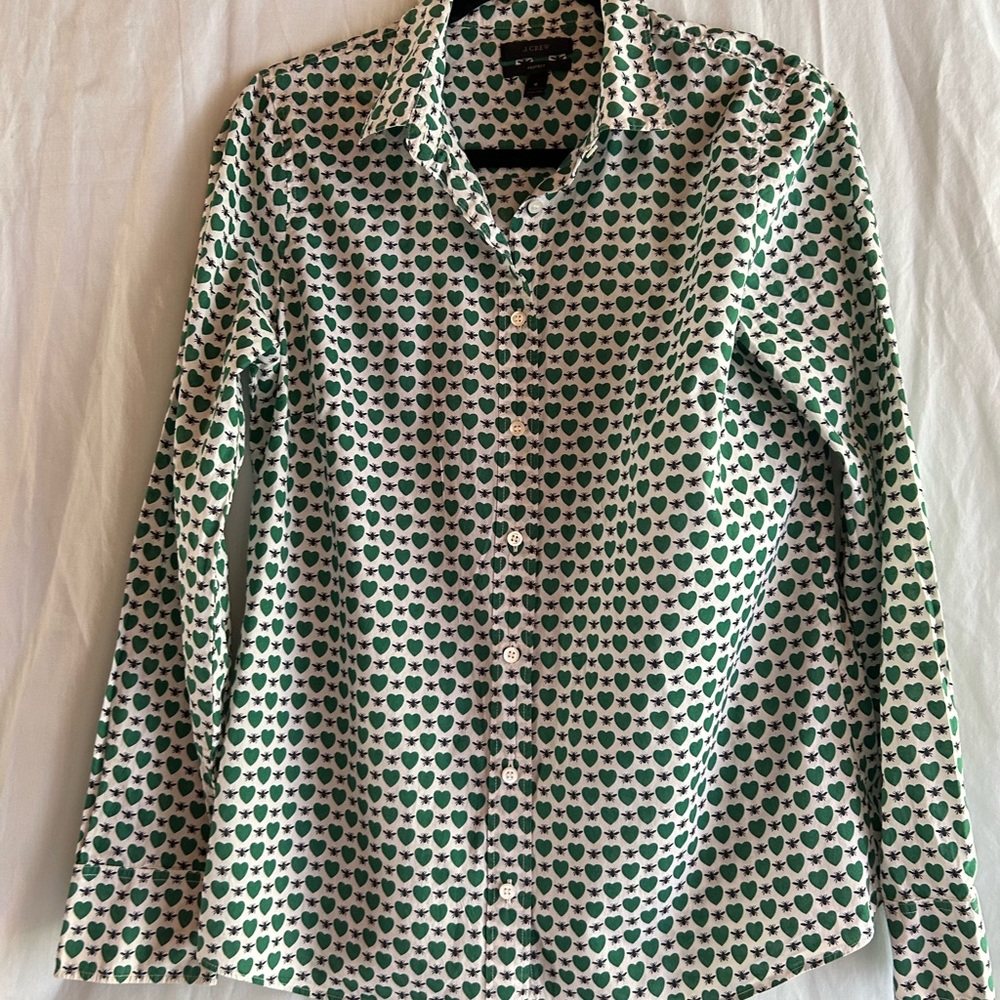 J. Crew Green and White Polka Dot Button Down Shirt